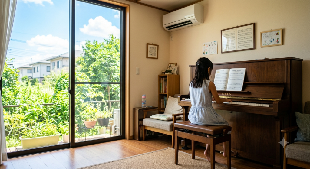 一宮市にて夏休みに自宅の涼しい部屋でピアノを練習する女の子の様子