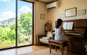一宮市にて夏休みに自宅の涼しい部屋でピアノを練習する女の子の様子